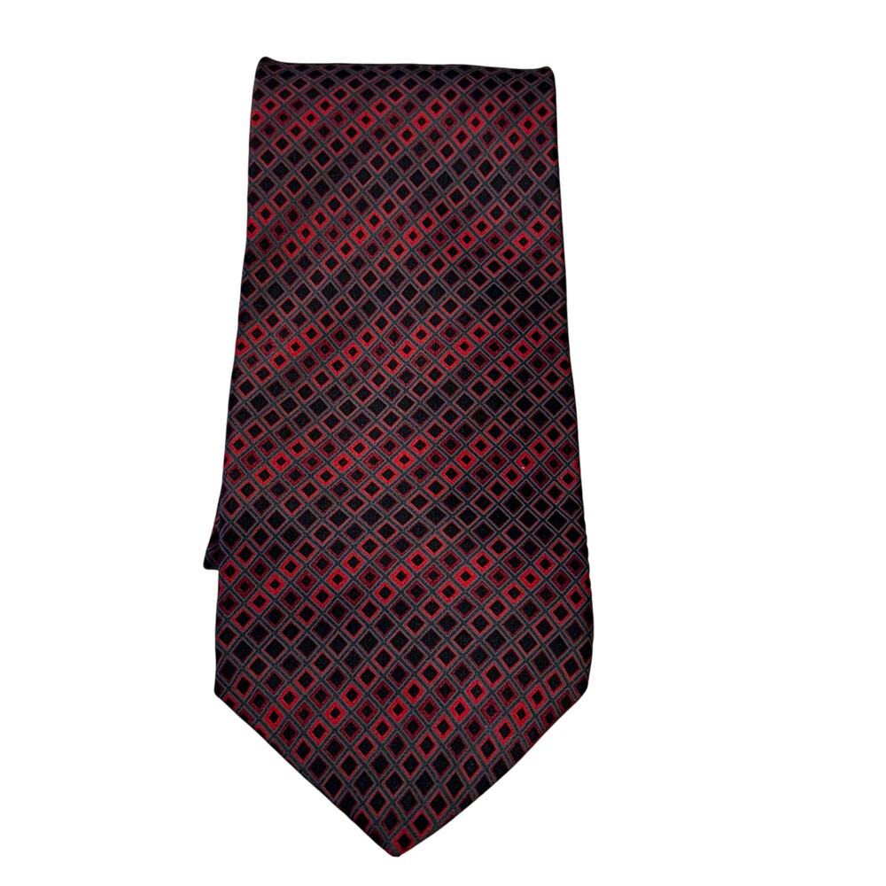 DKNY Mens Silk Tie Red Gray Black Geometric Box Checked Classic Suit Necktie